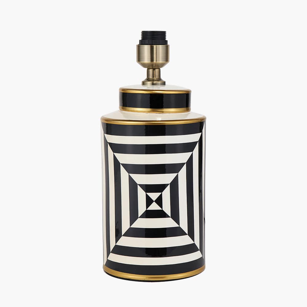 Optic Black and White Optic Stripe Ceramic Table Lamp Base with Harry 30cm Black Cotton Mix Cylinder Lampshade.