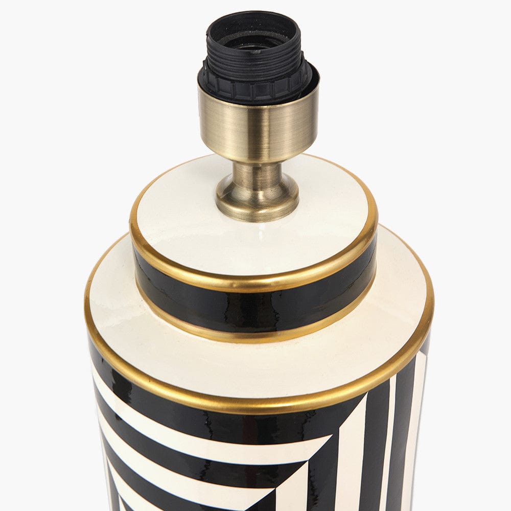 Optic Black and White Optic Stripe Ceramic Table Lamp Base with Harry 30cm Black Cotton Mix Cylinder Lampshade.