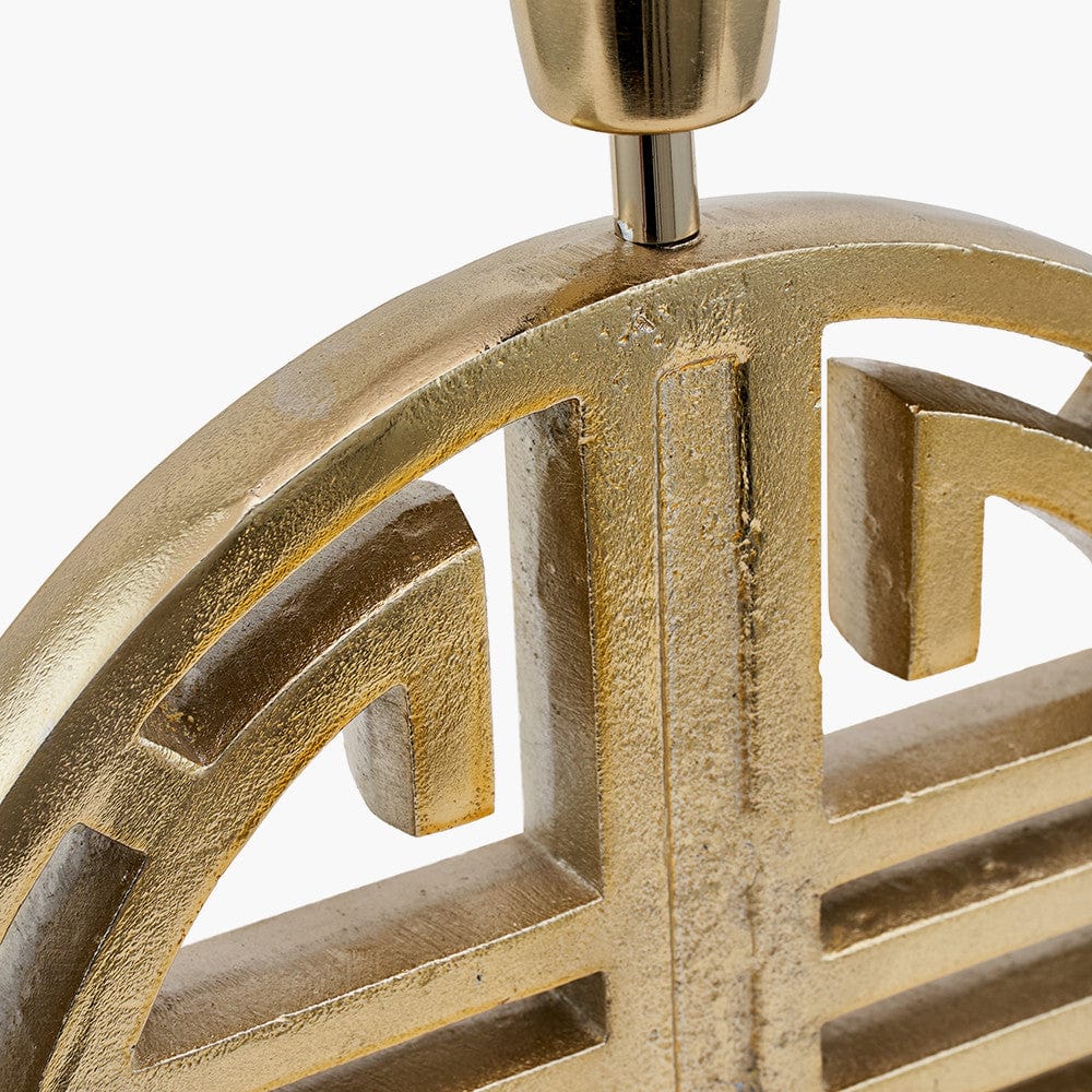 Orla Shiny Gold Metal Statement Circle Table Lamp Base with Mia 35cm Ivory Oval Cotton Mix Lampshade.