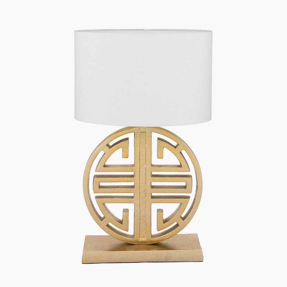 Orla Shiny Gold Metal Statement Circle Table Lamp Base with Mia 35cm Ivory Oval Cotton Mix Lampshade.