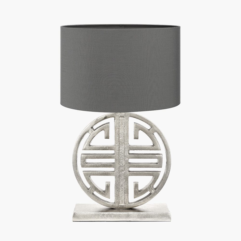 Orla Shiny Silver Metal Statement Circle Table Lamp Base with Mia 35cm Steel Grey Oval Cotton Mix Lampshade.