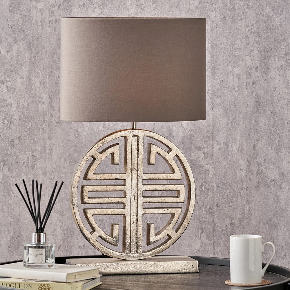 Orla Shiny Silver Metal Statement Circle Table Lamp Base with Mia 35cm Steel Grey Oval Cotton Mix Lampshade.