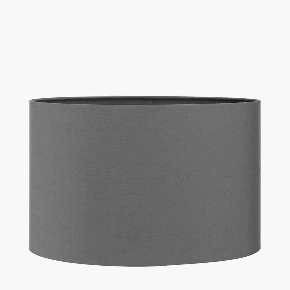 Orla Shiny Silver Metal Statement Circle Table Lamp Base with Mia 35cm Steel Grey Oval Cotton Mix Lampshade.