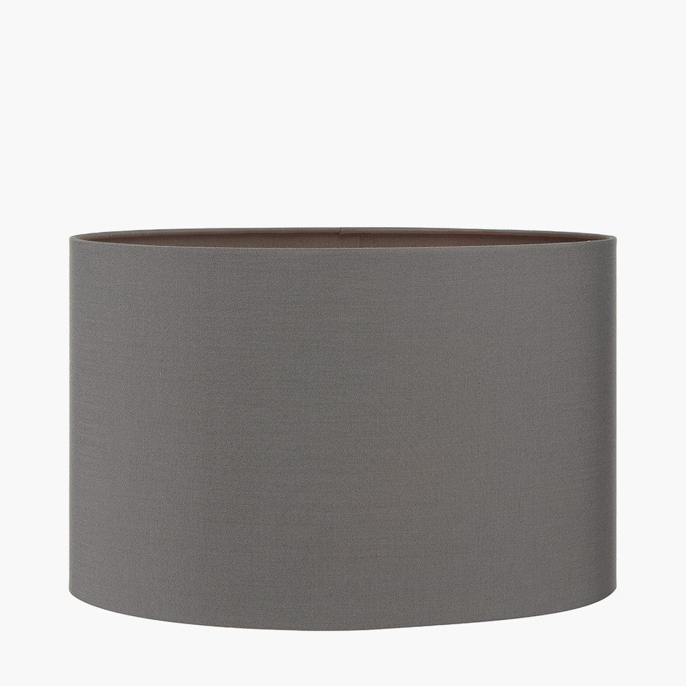 Orla Shiny Silver Metal Statement Circle Table Lamp Base with Mia 35cm Steel Grey Oval Cotton Mix Lampshade.