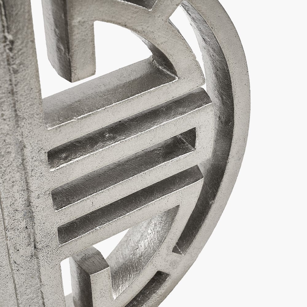 Orla Shiny Silver Metal Statement Circle Table Lamp Base with Mia 35cm Steel Grey Oval Cotton Mix Lampshade.