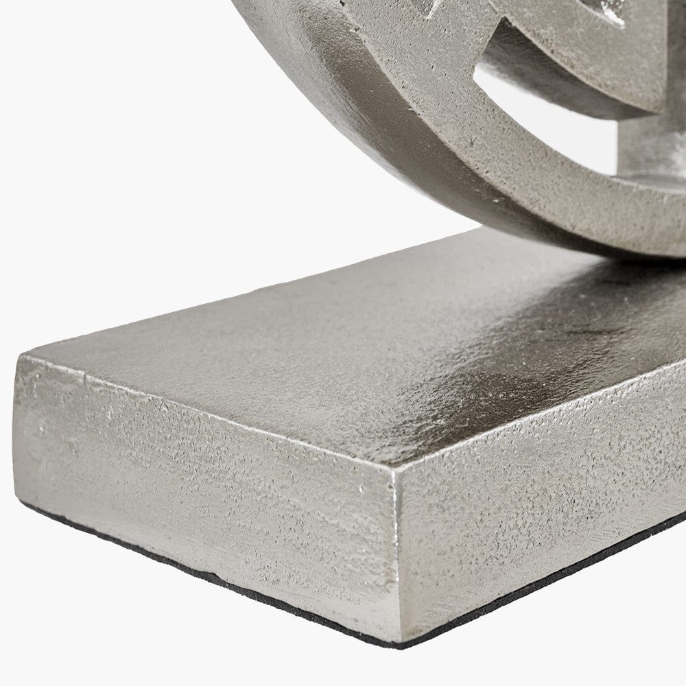 Orla Shiny Silver Metal Statement Circle Table Lamp Base with Mia 35cm Steel Grey Oval Cotton Mix Lampshade.