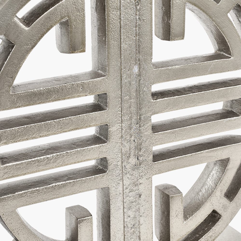 Orla Shiny Silver Metal Statement Circle Table Lamp Base with Mia 35cm Steel Grey Oval Cotton Mix Lampshade.