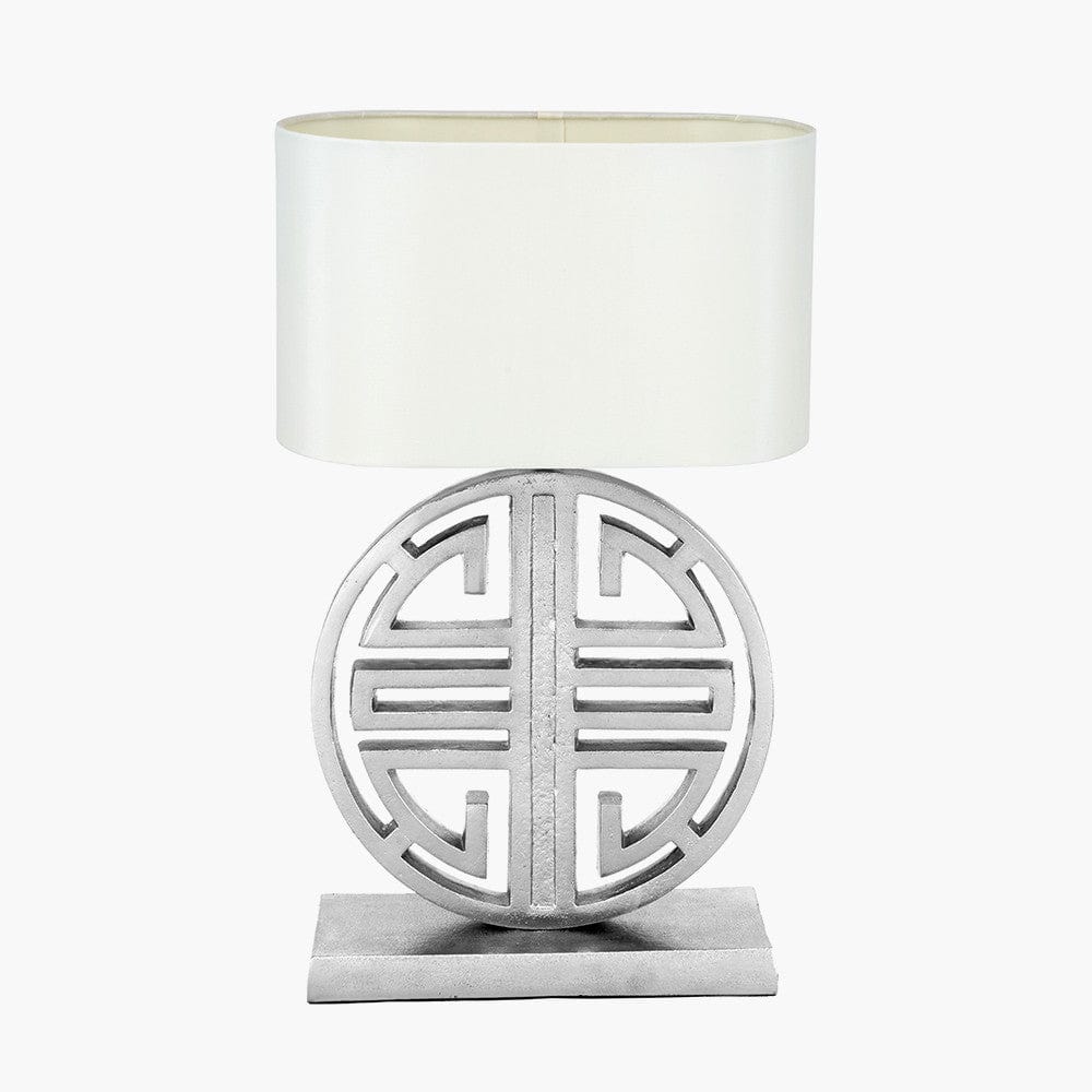 Orla Shiny Silver Metal Statement Circle Table Lamp.