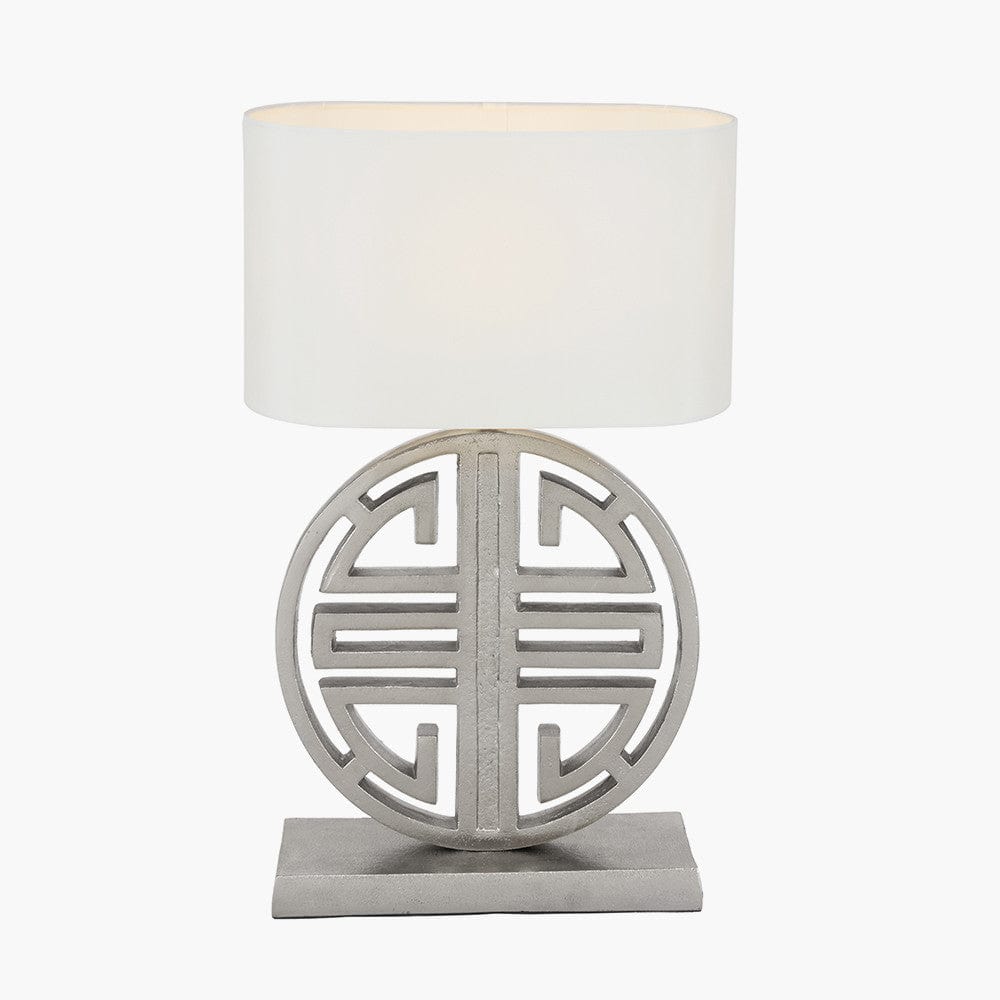 Orla Shiny Silver Metal Statement Circle Table Lamp.