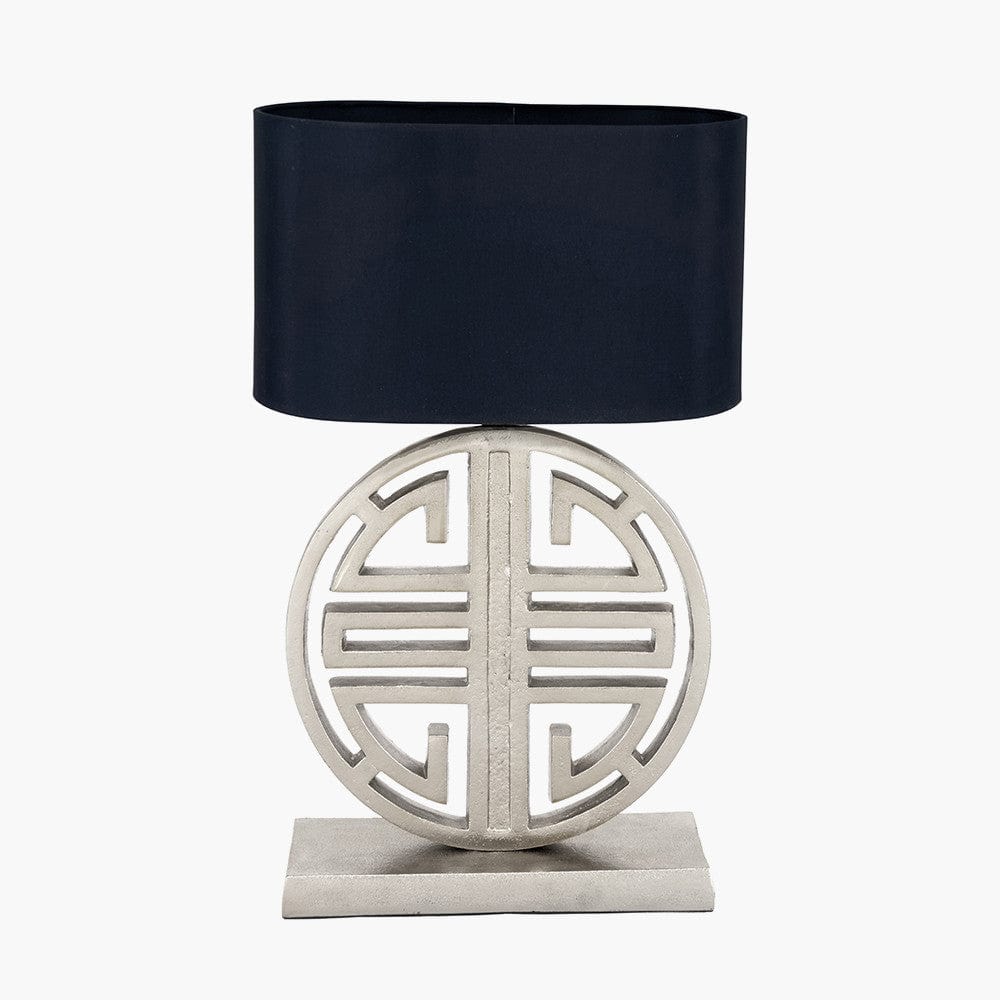 Orla Shiny Silver Metal Statement Circle Table Lamp.