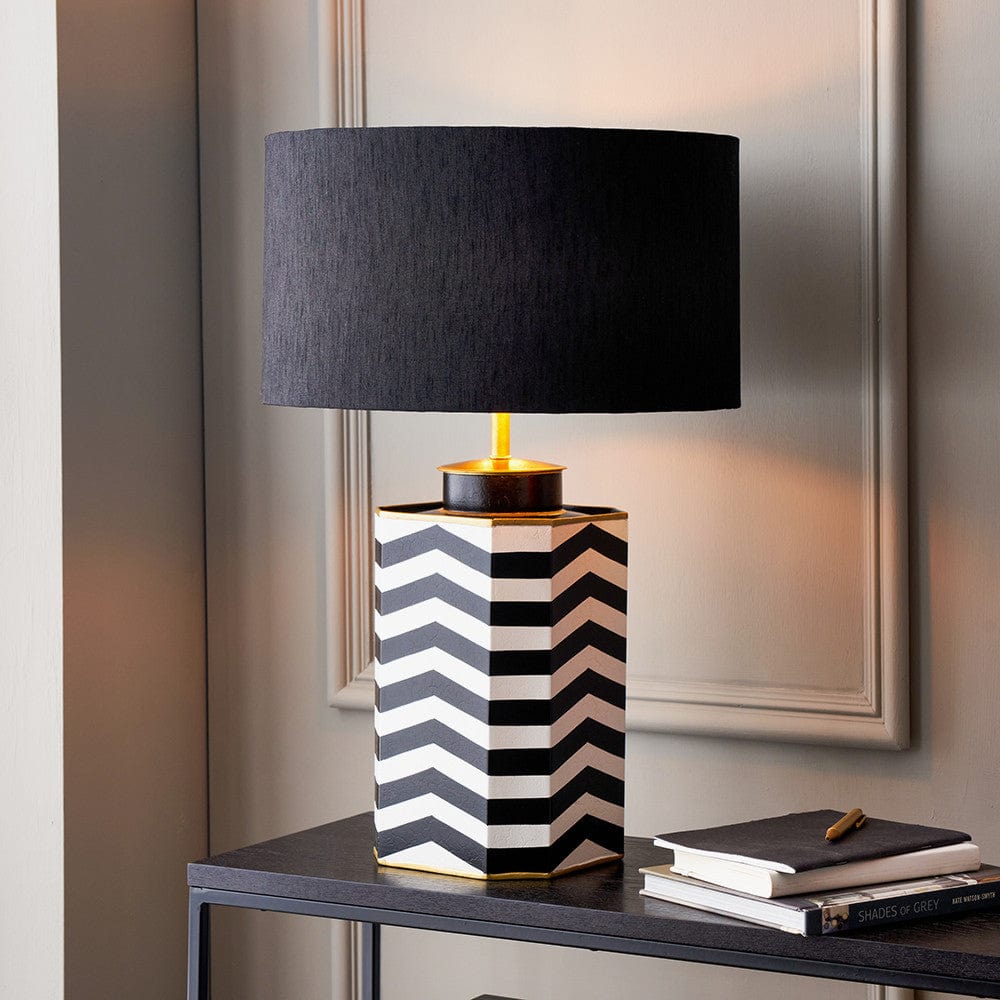 Oskar Black and White Chevron Hand Painted Metal Table Lamp Base with Stellan 40cm Black Slubbed Silk Mix Gold Lined Cylinder Lampshade.