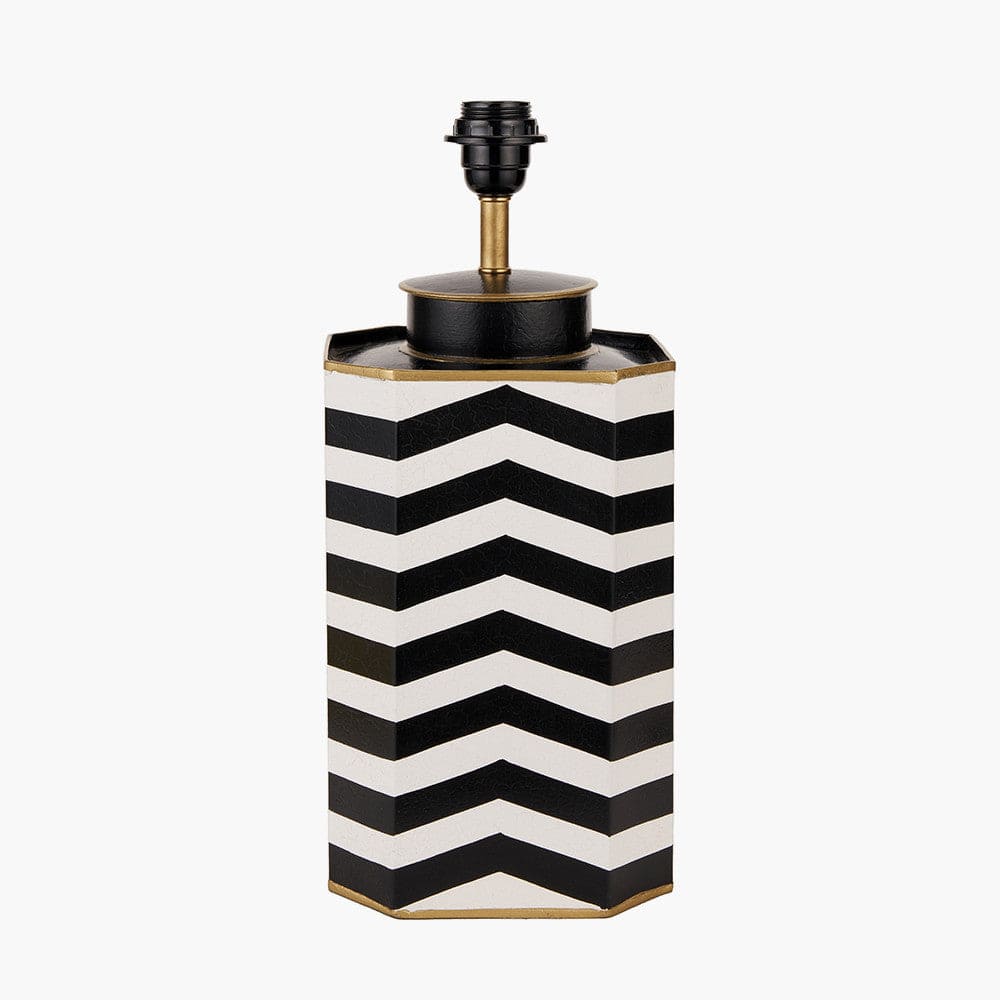 Oskar Black and White Chevron Hand Painted Metal Table Lamp Base with Stellan 40cm Black Slubbed Silk Mix Gold Lined Cylinder Lampshade.