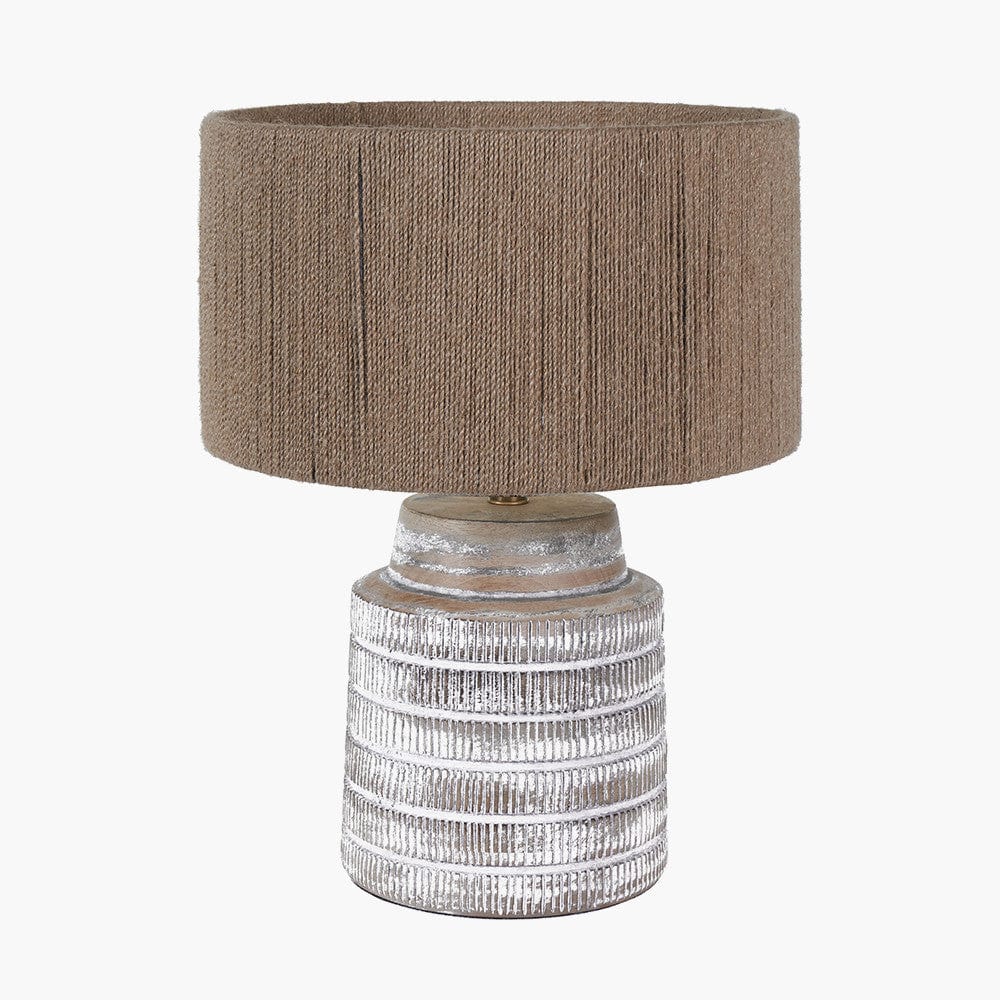 Paihia White Wash Wood Textured Short Table Lamp Base with Issa Natural Rope 30cm Cylinder Lampshade.