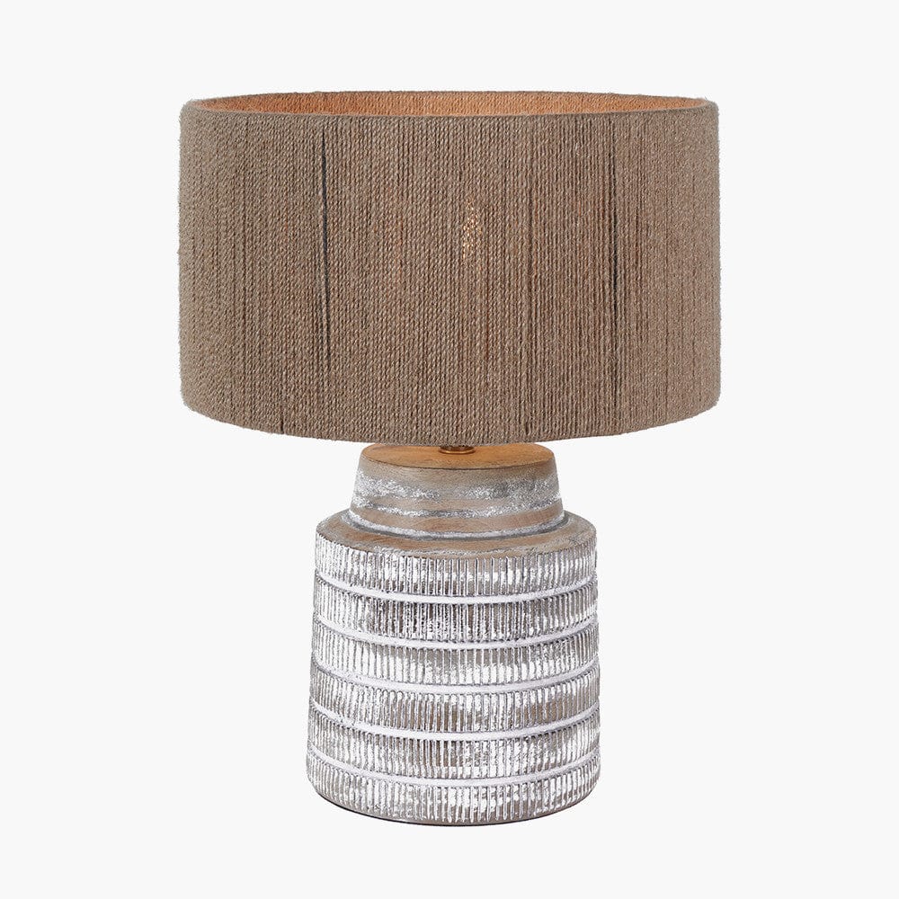 Paihia White Wash Wood Textured Short Table Lamp Base with Issa Natural Rope 30cm Cylinder Lampshade.