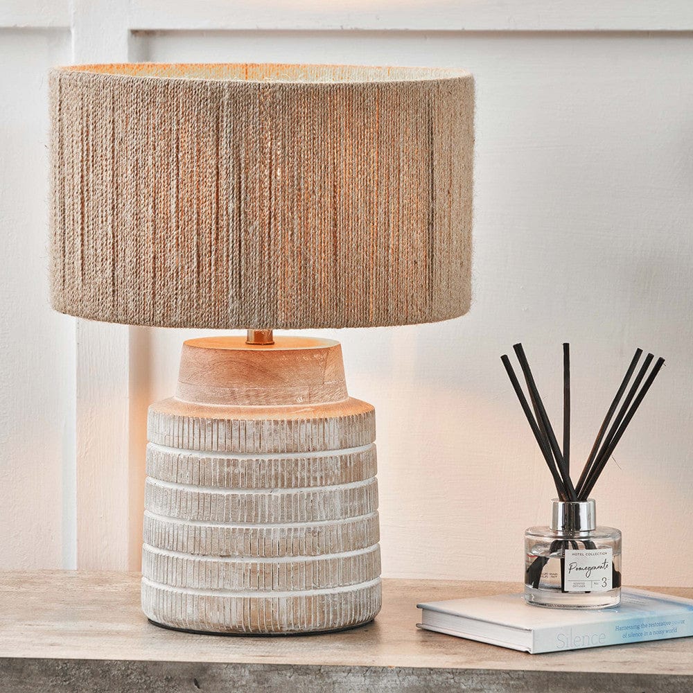 Paihia White Wash Wood Textured Short Table Lamp Base with Issa Natural Rope 30cm Cylinder Lampshade.