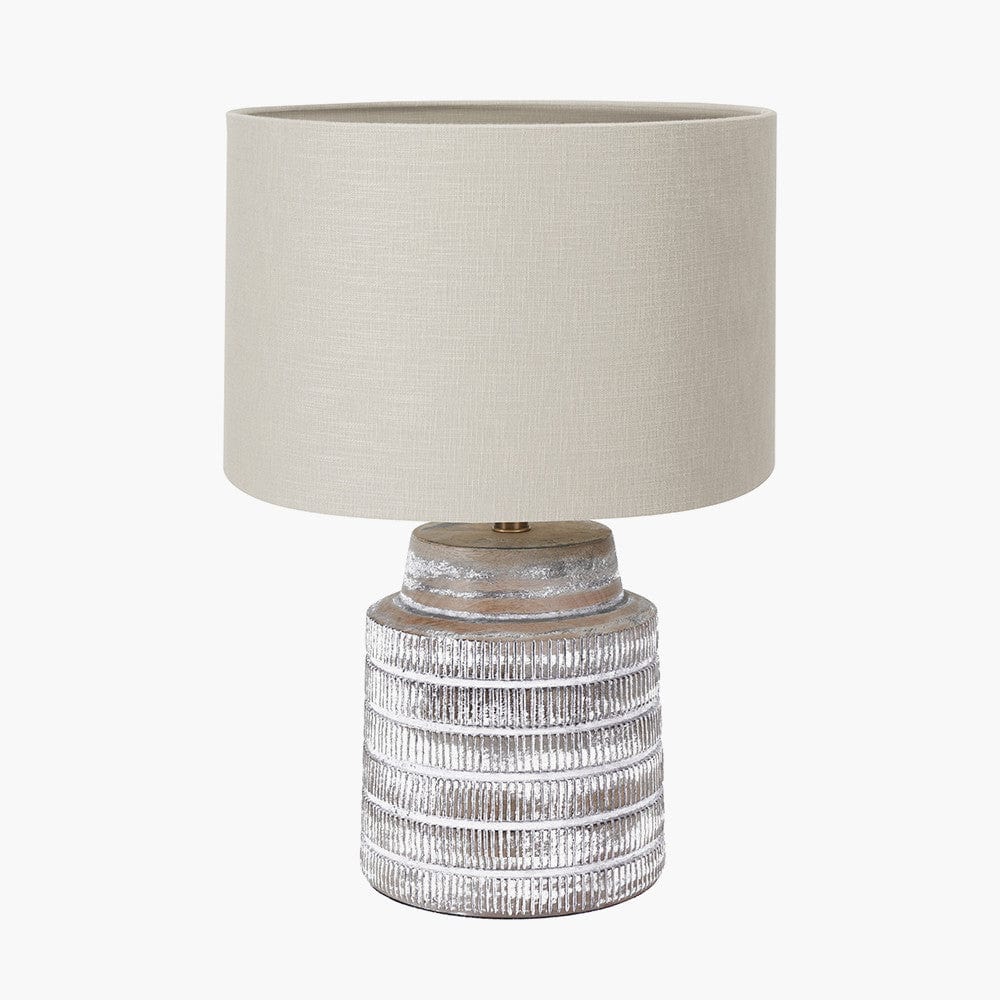 Paihia White Wash Wood Textured Short Table Lamp Base with Lino 30cm Grey Self Lined Linen Cylinder Lampshade.