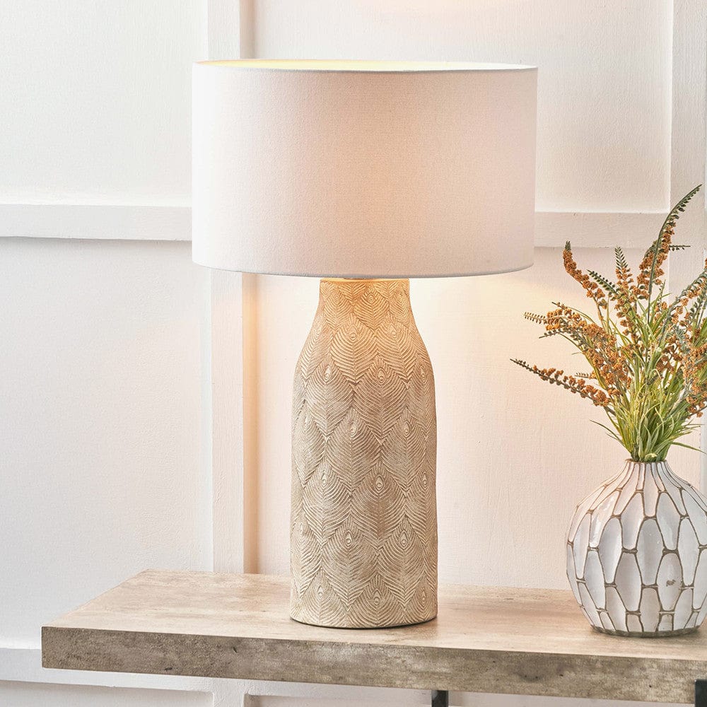Palawan Stone Grey Feather Stoneware Table Lamp Base with Henry 40cm White Handloom Cylinder Lampshade.