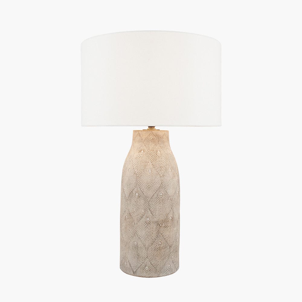 Palawan Stone Grey Feather Stoneware Table Lamp Base with Henry 40cm White Handloom Cylinder Lampshade.