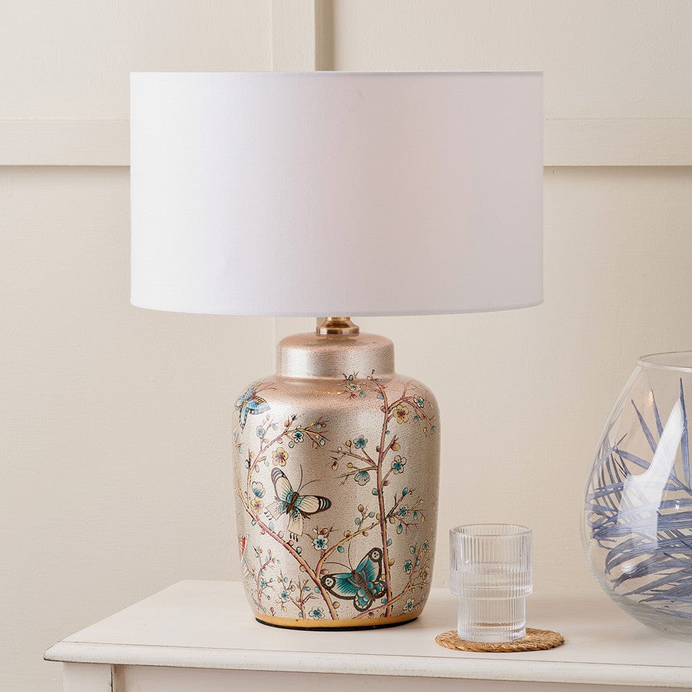 Pacific Lifestyle Lighting Papillon Butterfly Ceramic Table Lamp Base with Harry 35cm Ivory Cotton Mix Cylinder Lampshade House of Isabella UK