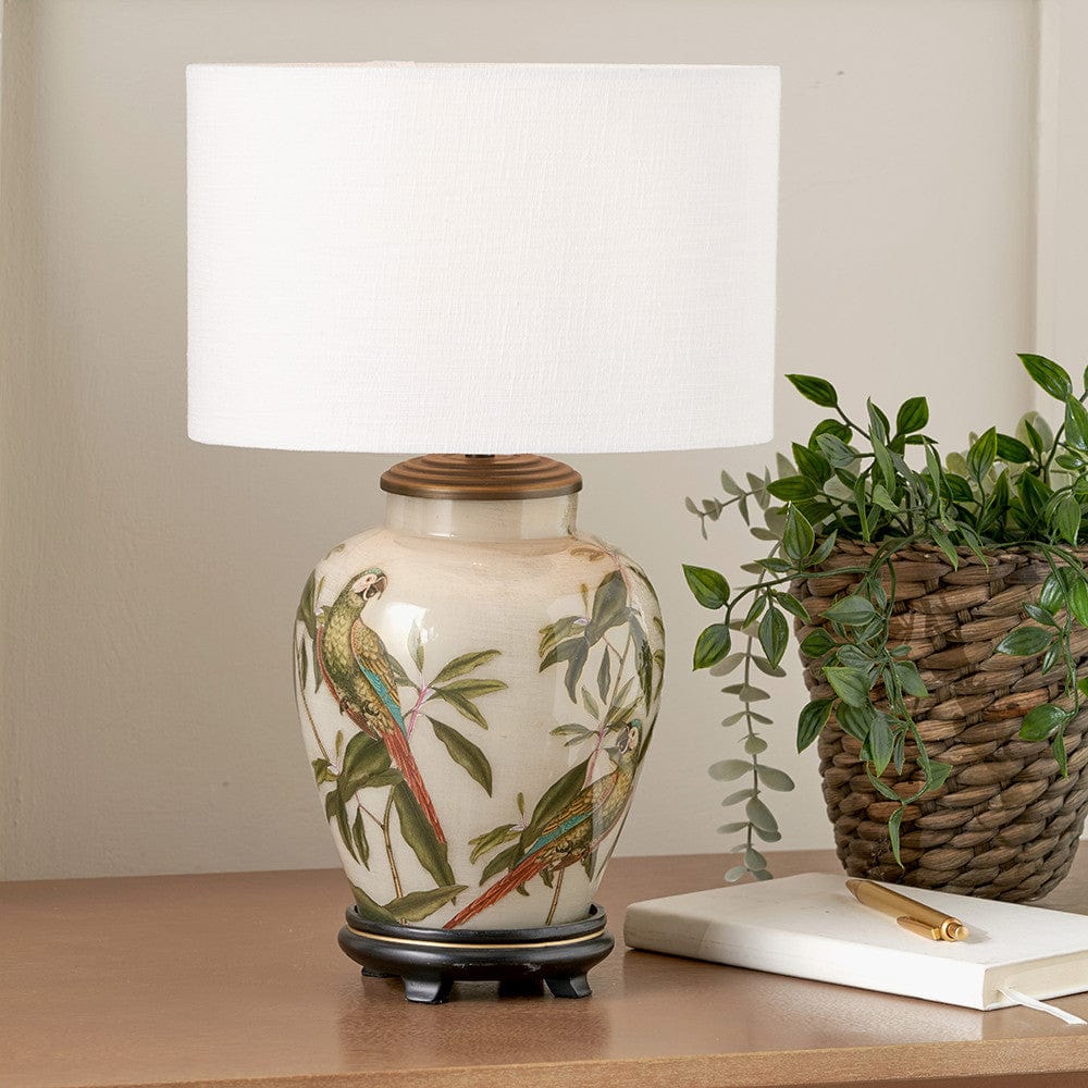 Pacific Lifestyle Lighting Parrot Small Glass Table Lamp Base with Lino 25cm White Self Lined Linen Cylinder Lampshade House of Isabella UK