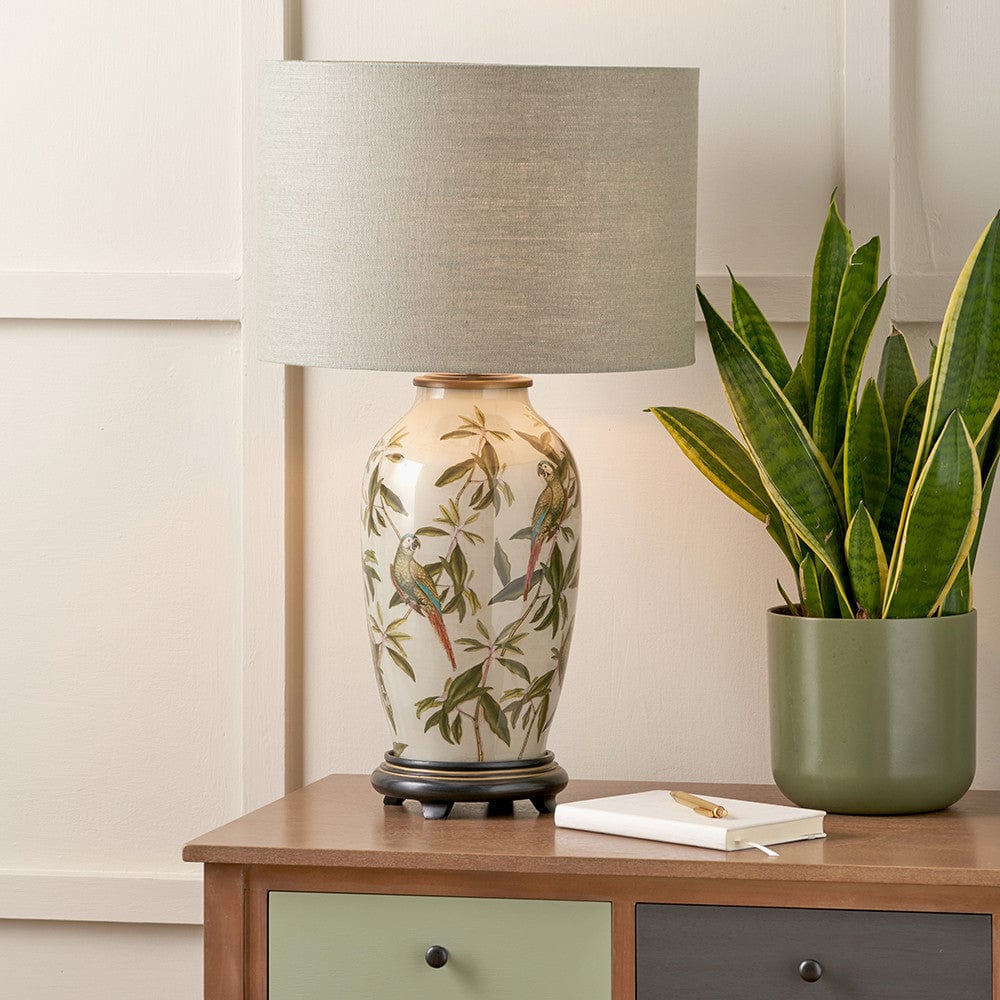 Parrot Tall Glass Table Lamp Base with Edward 40cm Pistachio Green Linen Cylinder Lampshade.