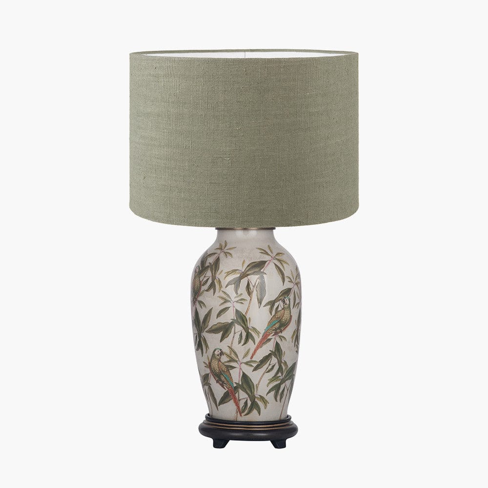 Parrot Tall Glass Table Lamp Base with Edward 40cm Pistachio Green Linen Cylinder Lampshade.