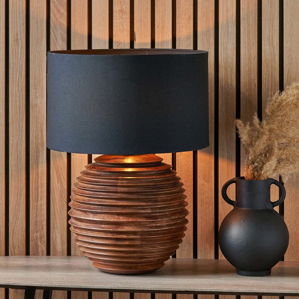 Pembury Brown Wash Large Turned Wood Table Lamp Base with Harry 40cm Black Cotton Mix Cylinder Lampshade.