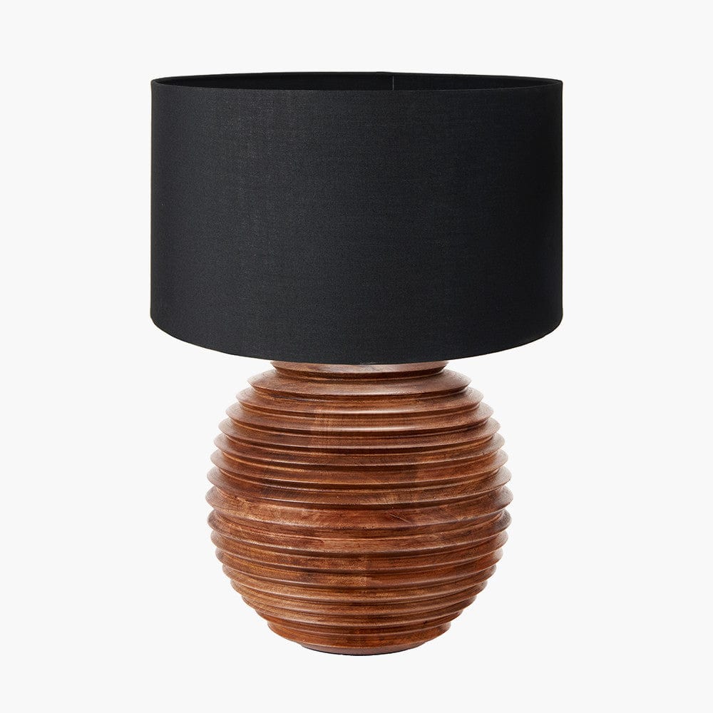 Pembury Brown Wash Large Turned Wood Table Lamp Base with Harry 40cm Black Cotton Mix Cylinder Lampshade.