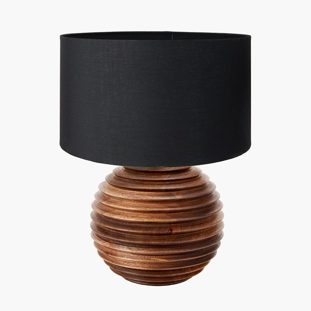 Pembury Brown Wash Turned Wood Table Lamp Base with Harry 30cm Black Cotton Mix Cylinder Lampshade.