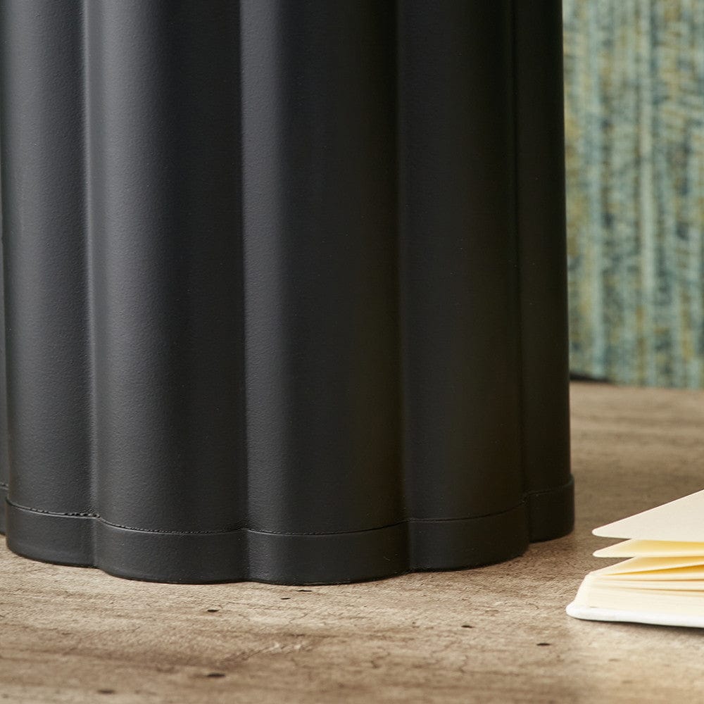 Petula Black Metal Scallop Table Lamp with Bloom 45cm White Handloom Scalloped Cylinder Shade.