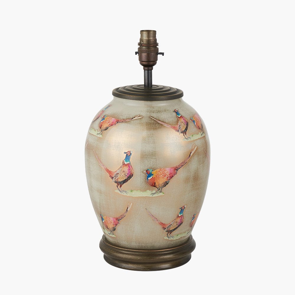 Pheasant Medium Glass Table Lamp Base with Edward 30cm Natural Linen Cylinder Lampshade.