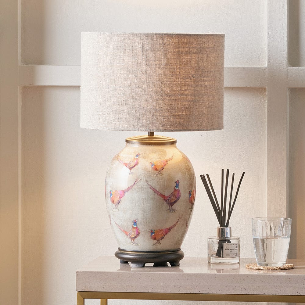 Pheasant Medium Glass Table Lamp Base with Edward 30cm Natural Linen Cylinder Lampshade.