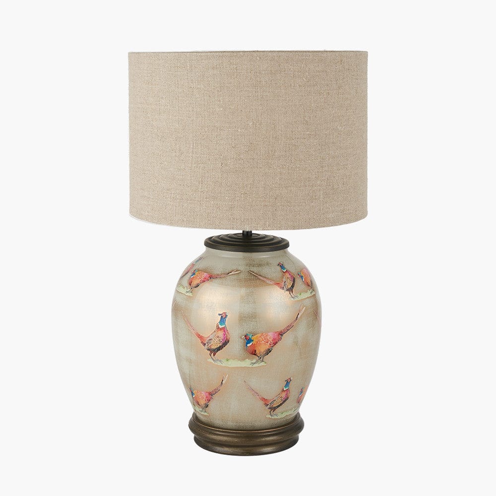 Pheasant Medium Glass Table Lamp Base with Edward 30cm Natural Linen Cylinder Lampshade.