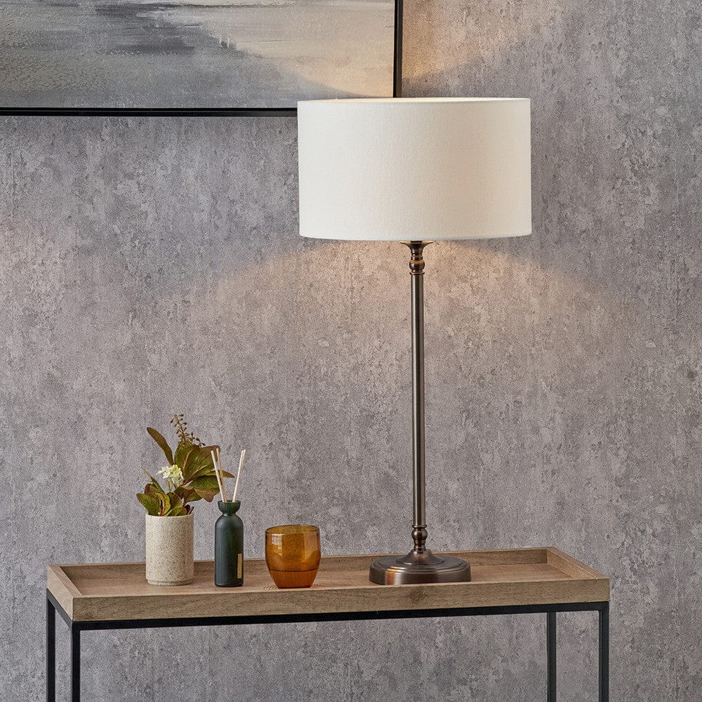 Piero Antique Bronze Metal Candlestick Table Lamp Base with Henry 35cm White Handloom Cylinder Lampshade.