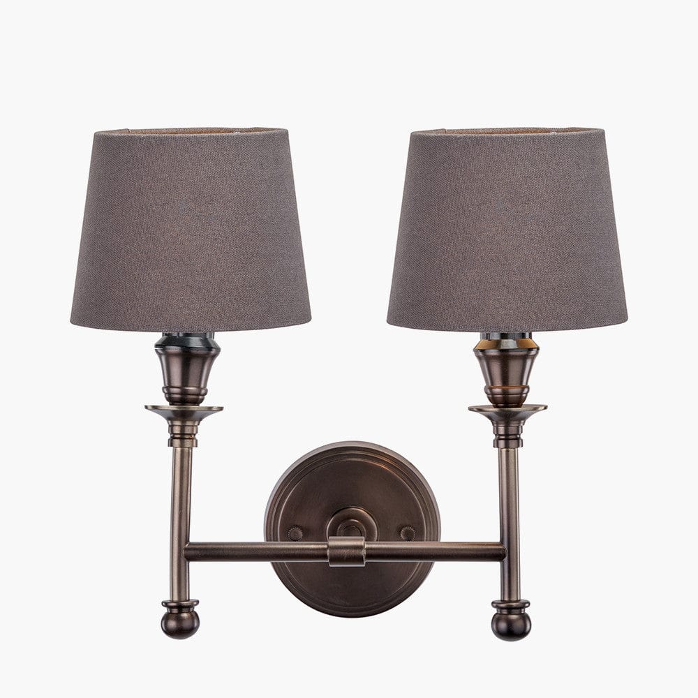 Piero Antique Bronze Metal Double Wall Light with Pelham 15cm Grey Handloom Tapered Lemon Clip Lampshades.