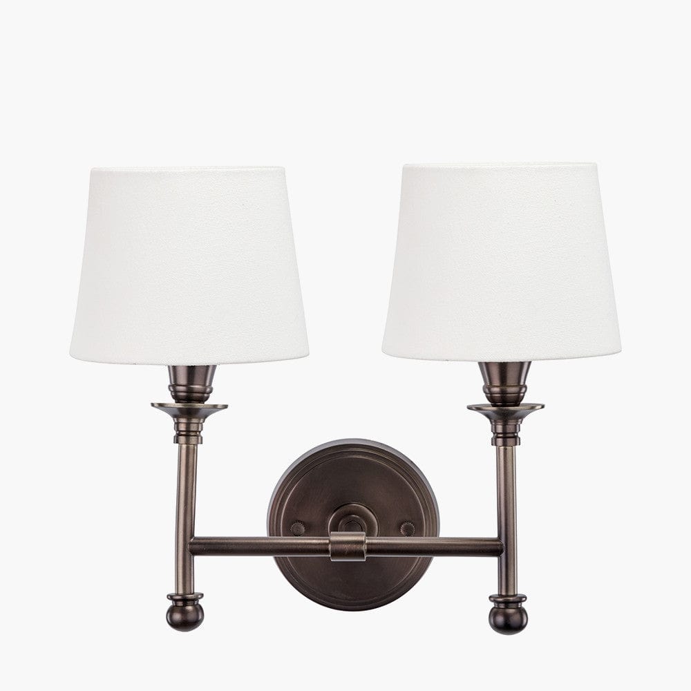 Piero Antique Bronze Metal Double Wall Light with Pelham 15cm White Handloom Tapered Lemon Clip Lampshades.
