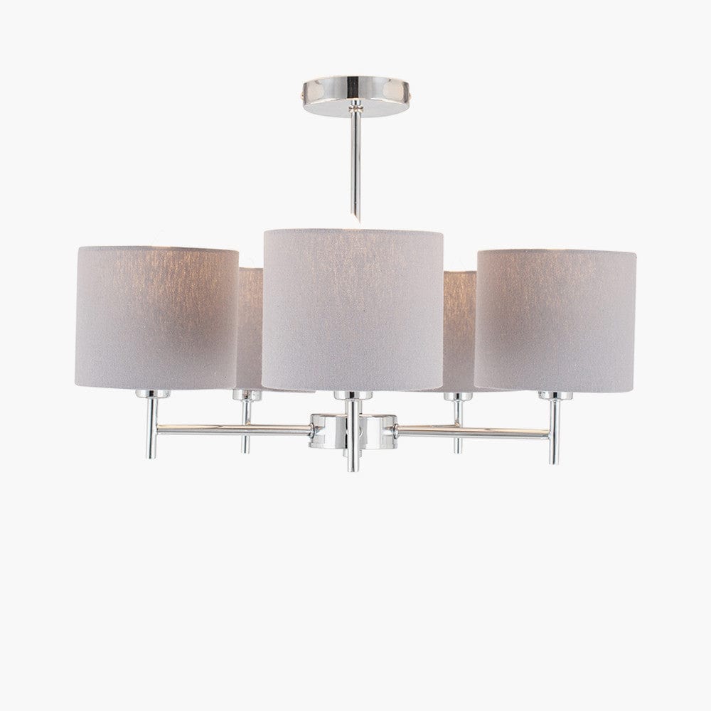 Pacific Lifestyle Lighting Plaza Silver Metal and Grey Linen 5 Arm Pendant House of Isabella UK