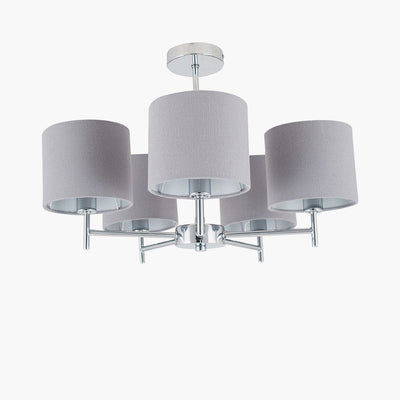 Pacific Lifestyle Lighting Plaza Silver Metal and Grey Linen 5 Arm Pendant House of Isabella UK