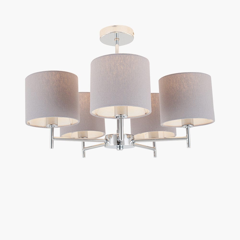 Plaza Silver Metal and Grey Linen 5 Arm Pendant.