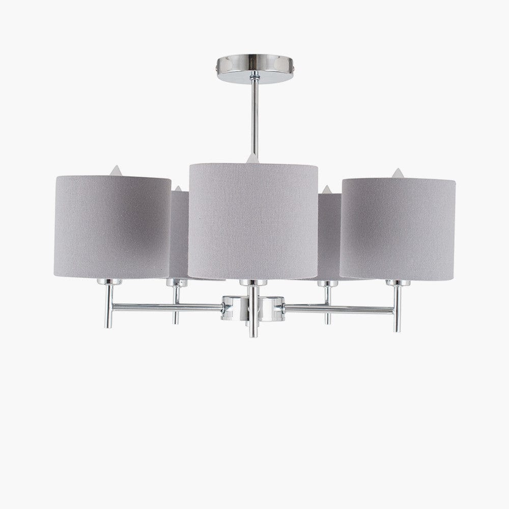 Pacific Lifestyle Lighting Plaza Silver Metal and Grey Linen 5 Arm Pendant House of Isabella UK