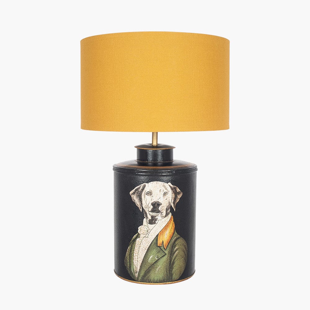Pointer Black Hand Painted Dog Table Lamp Base with Henry 40cm Mustard Handloom Cylinder Lampshade.