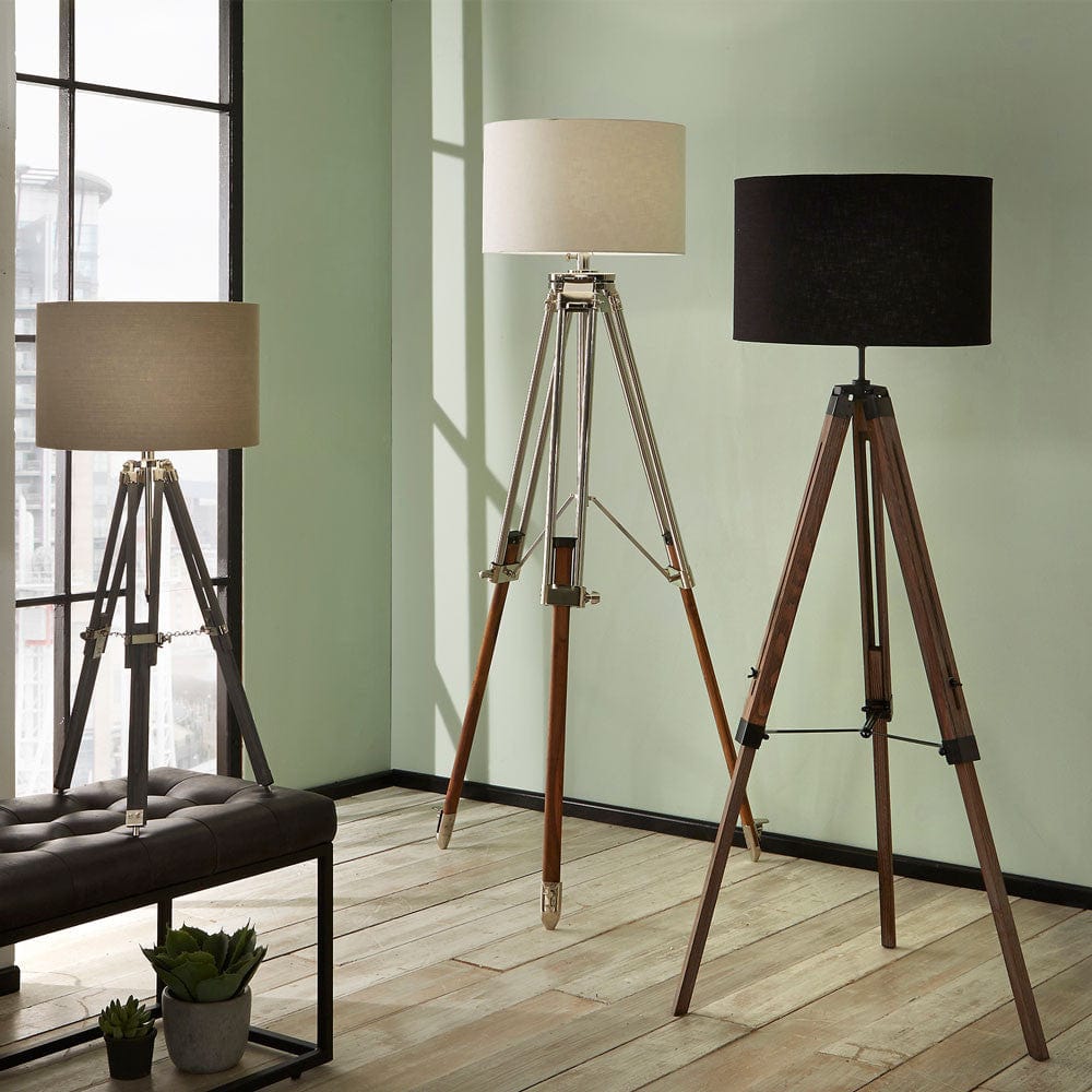 Port Nickel and Wood Tripod Floor Lamp - Base Only.