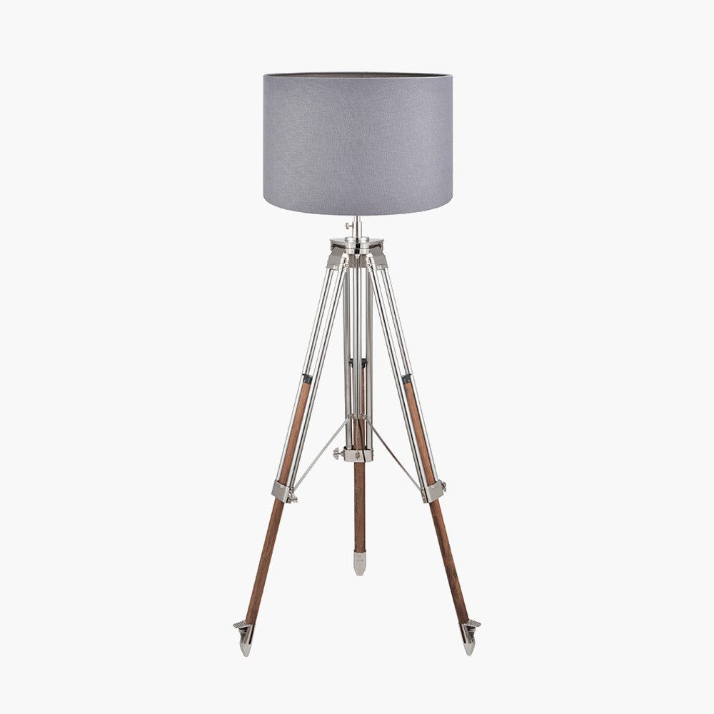 Port Nickel and Wood Tripod Floor Lamp Base with Lino 55cm Steel Grey Self Lined Linen Cylinder Lampshade.
