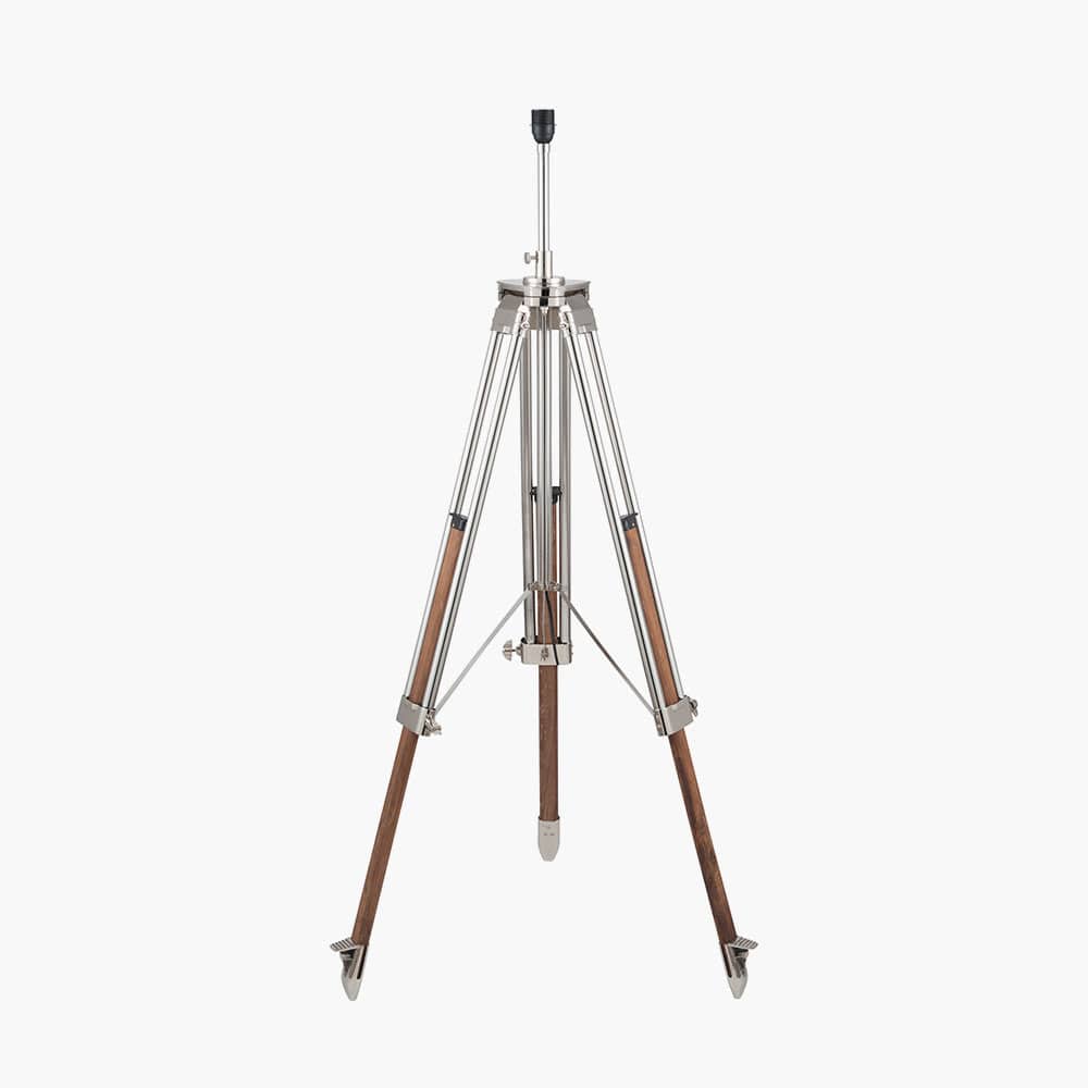 Port Nickel and Wood Tripod Floor Lamp Base with Lino 55cm Steel Grey Self Lined Linen Cylinder Lampshade.