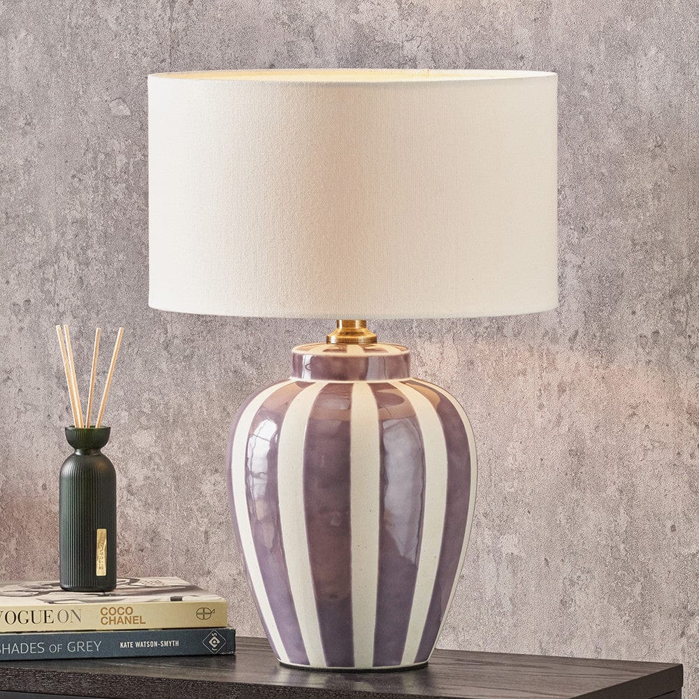 Pacific Lifestyle Lighting Priscilla Lilac Stripped Ceramic Table Lamp Base with Henry 30cm White Handloom Cylinder Lampshade House of Isabella UK