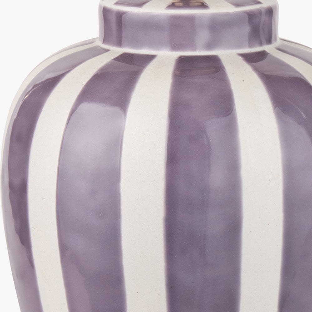 Priscilla Lilac Stripped Ceramic Table Lamp Base with Rene 30cm Lilac Velvet Cylinder Lampshade.