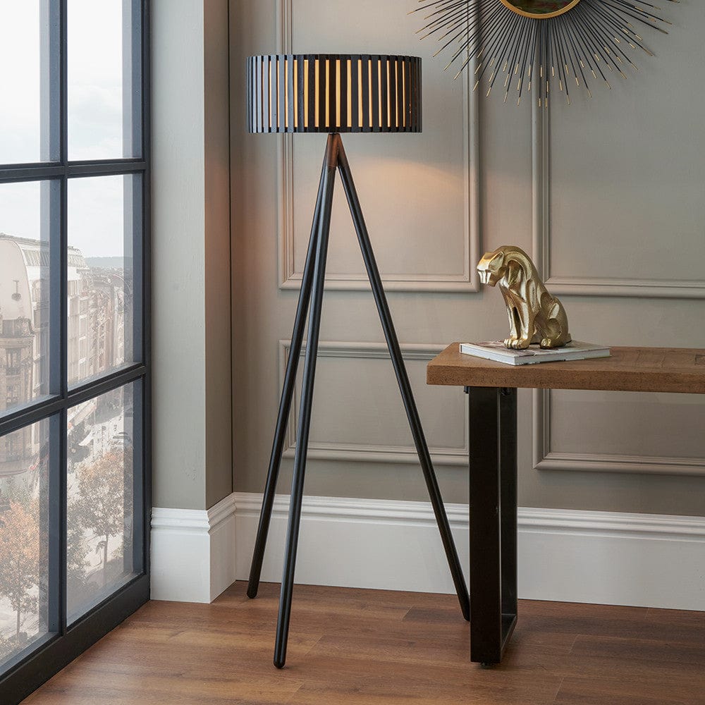Rabanne Slatted Black Wood Tripod Floor Lamp.
