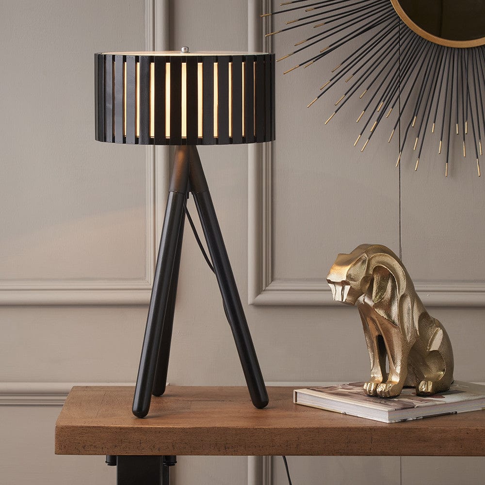 Rabanne Slatted Black Wood Tripod Table Lamp.