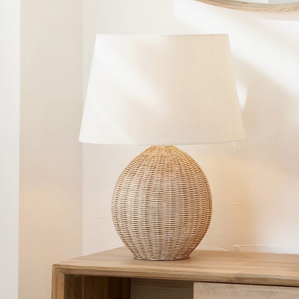 Raffles Large Rattan Cream Wash Table Lamp Base with Coast 40cm Cream Calico Tapered Lampshade.