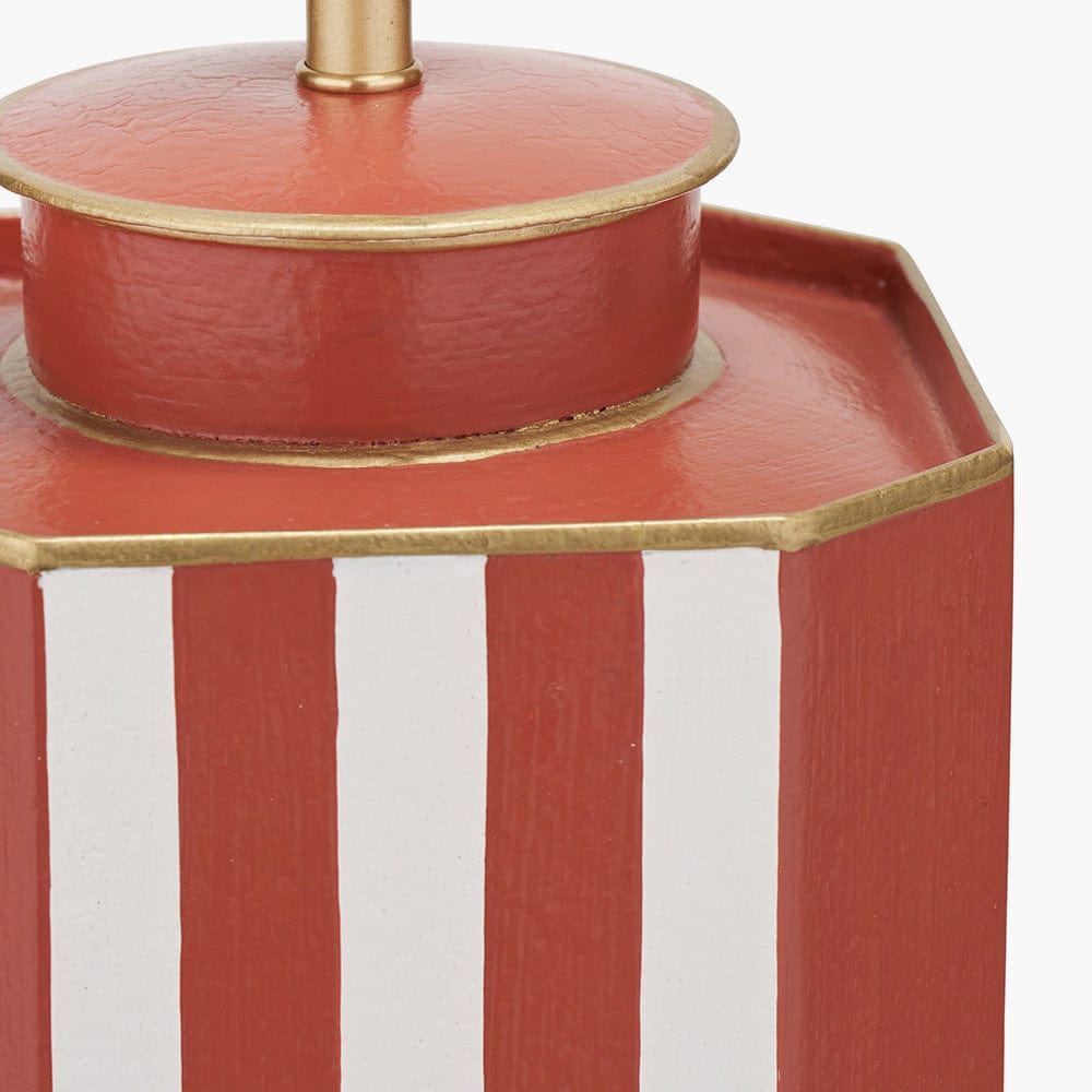 Raya Cinnamon and White Hand Painted Metal Table Lamp Base with Lino 40cm White Self Lined Linen Cylinder Lampshade.